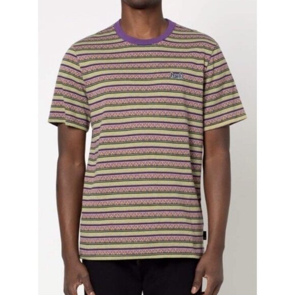 HUF Brand Men's Sz M Allen Knit Top Short Sleeve T-Shirt Green & Purple Striped - Picture 1 of 10